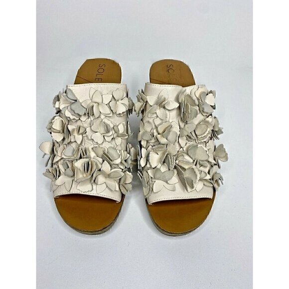 Sole Society Sandals Size 9M Women's So Poppy Leather Slip On Wedge Beige Floral - Picture 1 of 7